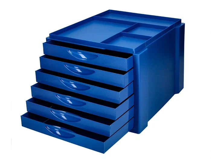 Q-connect Fichero Cajones Sobremesa 6 Cajones Organizador Azul Opaco para DIN A4 Folio Subcarpetas