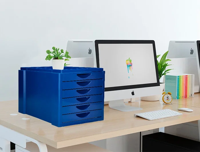 Q-connect Fichero Cajones Sobremesa 6 Cajones Organizador Azul Opaco para DIN A4 Folio Subcarpetas