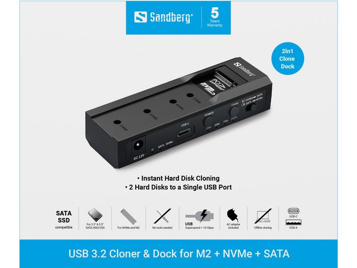 Sandberg USB 3.2 Cloner and Dock para M2 NVMe SATA
