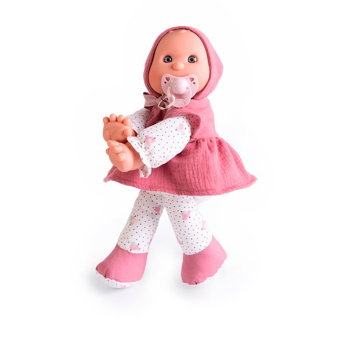 Muñecas Antonio Juan Mi Primer Antonio Juan Dolly Musical para Niña, 36 cm, Cuerpo Suave con Cabeza de Vinilo, Vestido Rosa y Capota, Incluye Chupete - 83206