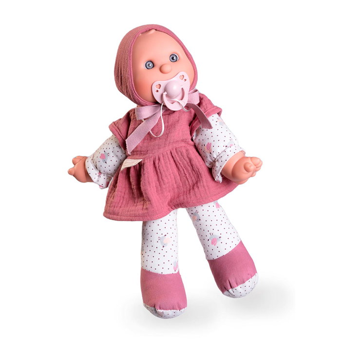 Muñecas Antonio Juan Mi Primer Antonio Juan Dolly Musical para Niña, 36 cm, Cuerpo Suave con Cabeza de Vinilo, Vestido Rosa y Capota, Incluye Chupete - 83206