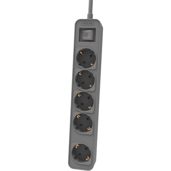 PHILIPS Base Múltiple con 5 Tomas e Interruptor, Cable 1.5 m, Color Gris - Modelo CHP2154G/12
