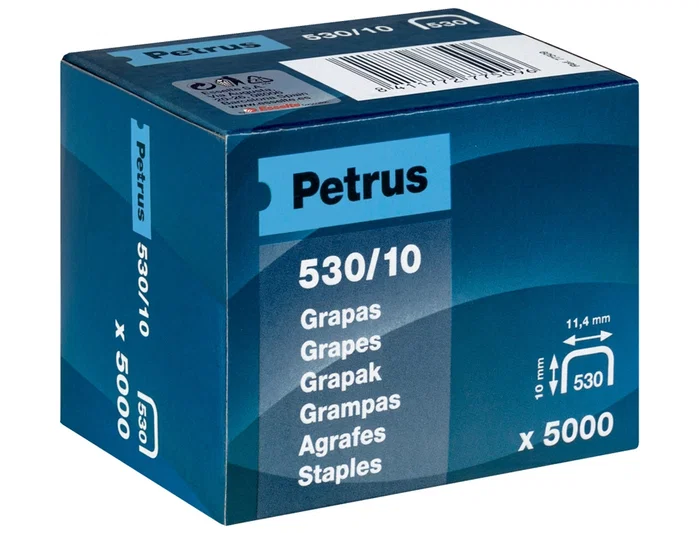 PETRUS Grapas 530/10 mm para clavadoras y grapadora 1530, caja de 5000 unidades