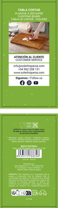 Quttin Tabla Cortar Bambu Dark C/Asa 29.3 cm x 20.3 cm (18 Unidades)