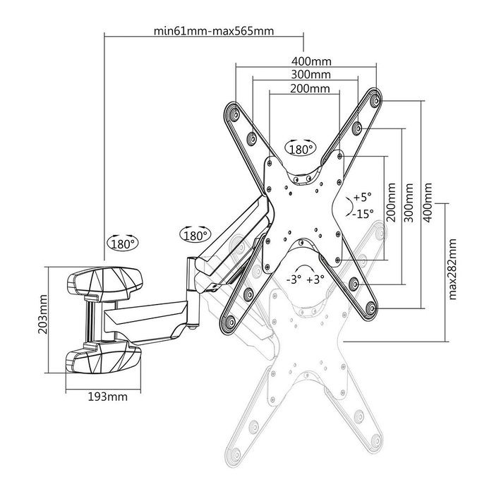 MANHATTAN Soporte de TV de pared con pistón a gas y articulación esférica, para pantallas de 21"-60" (53,3-152,4 cm) y hasta 30 kg, Negro