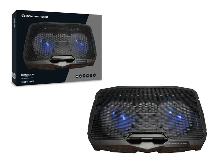 Conceptronic THANA07B Base de Refrigeración para Laptop 43.2 cm (17") con 2 Ventiladores USB, Iluminación LED Azul, Ergonómica, Negro
