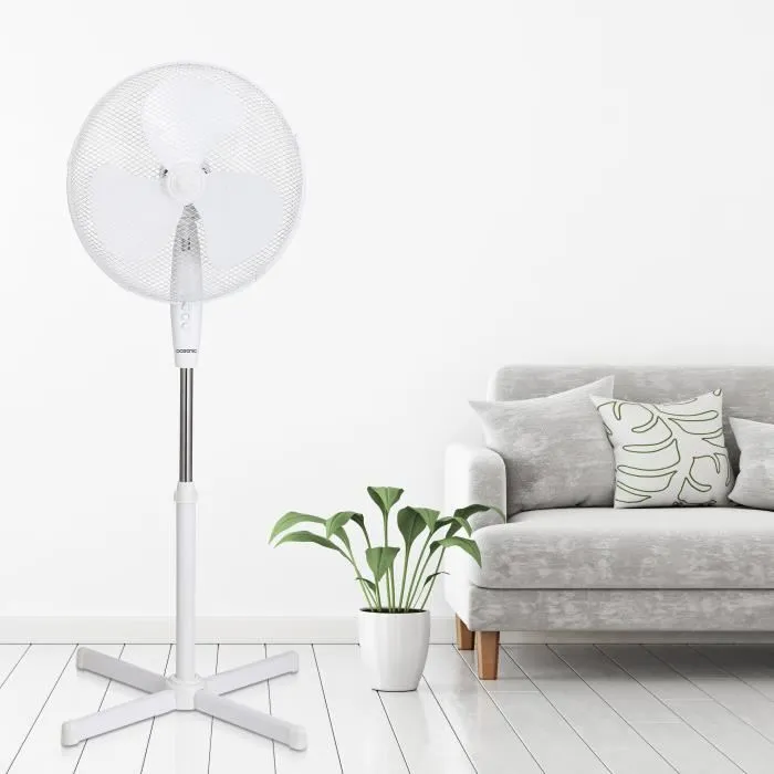 OCEANIC Ventilador de Pie 45W 40cm Oscilación, Altura Ajustable hasta 120cm, 3 Velocidades, Flujo de Aire Ajustable, Blanco
