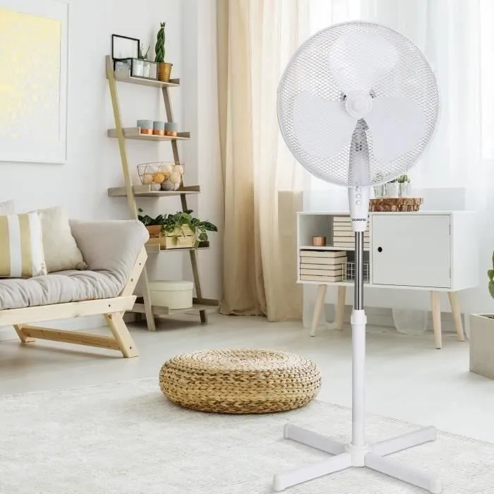 OCEANIC Ventilador de Pie 45W 40cm Oscilación, Altura Ajustable hasta 120cm, 3 Velocidades, Flujo de Aire Ajustable, Blanco