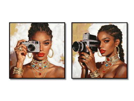 DKD Home Decor Set de 4 Cuadros Lienzo Diseño Cámara Fotográfica Marrón y Dorado