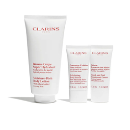 Clarins Set Baume Corps Super Hydratant 200ml Gommage Exfoliant Peau Neuve 30ml Crème Jeunesse Des Mains 30ml