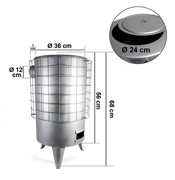 Estufa Leña Redonda Chapa Nº4 68cm x 36Ø Plata S/Horiz 120Ø 7 KW
