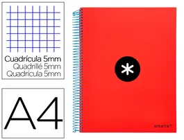 Antartik Cuaderno Espiral A4 Micro Forrado 120 Hojas 90gr Cuadro 5mm 5 Bandas Taladros Rojo
