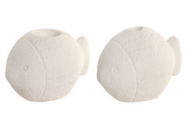 DKD Home Decor Hangzhou design 26b Portavela Mediterraneo Blanco Cemento 10 x 11 x 16 cm (4 Unidades) Simil Piedra con Detalle de Pez