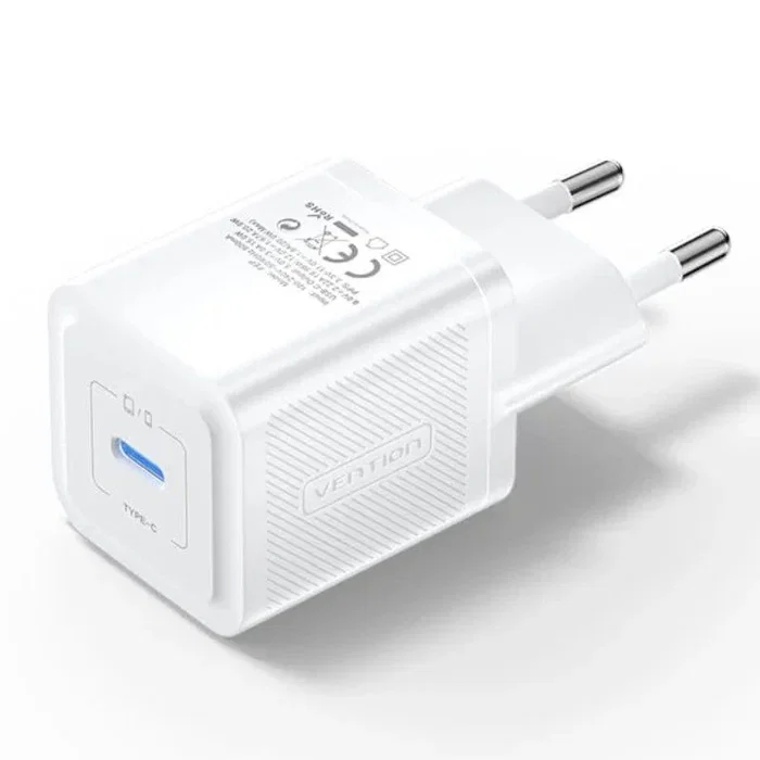 Vention FEPW0-EU Cargador de Pared GaN USB-C 20W Blanco - Carga Rápida PD 3.0, QC 3.0
