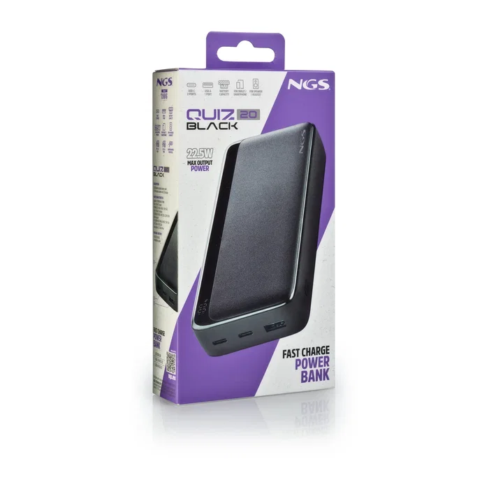 NGS QUIZ 20 Batería Externa 20000 mAh con Carga Rápida 22.5W Power Delivery, Pantalla LED, 2 Puertos USB-C, Color Negro