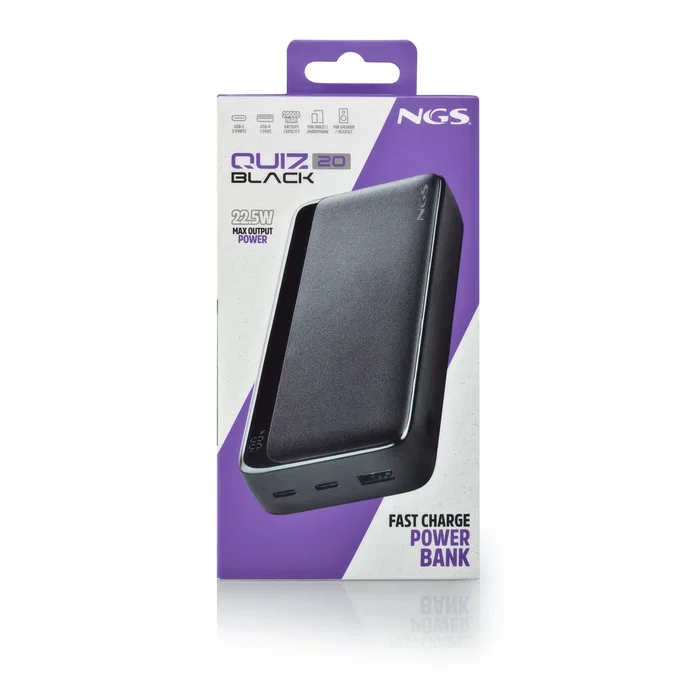 NGS QUIZ 20 Batería Externa 20000 mAh con Carga Rápida 22.5W Power Delivery, Pantalla LED, 2 Puertos USB-C, Color Negro
