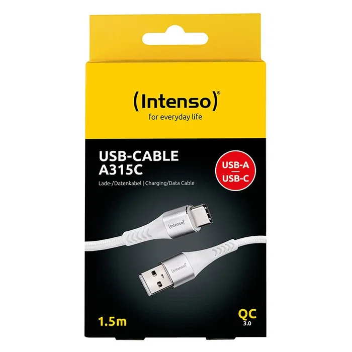 Intenso A315C / 7901102 Cable USB A a USB C 1.5m para Carga y Datos, Carga Rápida 60W, 480 Mbps, Nylon Trenzado, Blanco