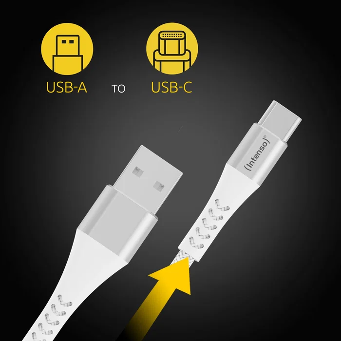 Intenso A315C / 7901102 Cable USB A a USB C 1.5m para Carga y Datos, Carga Rápida 60W, 480 Mbps, Nylon Trenzado, Blanco