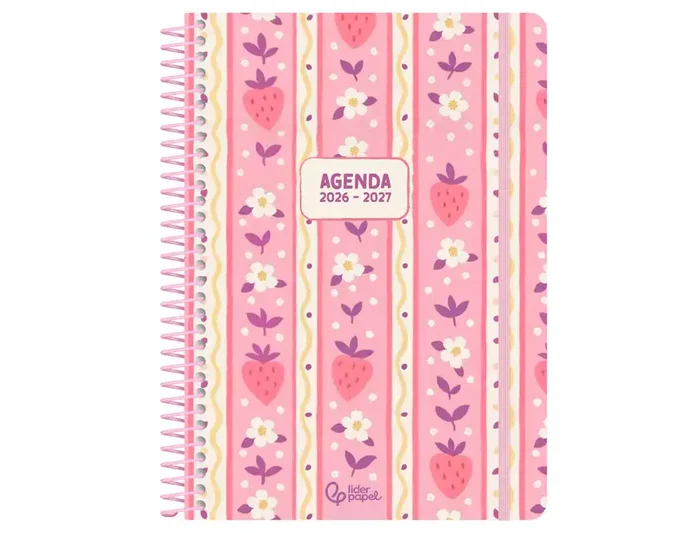 Liderpapel Agenda Escolar Fantasy A5 Día Página Año 2026-2027, Interior Bilingüe, Tapa Dura Espiral, Color Rosa Fresas, Papel FSC 80g, Incluye Pegatinas, Ref EA