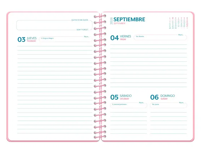 Liderpapel Agenda Escolar Fantasy A5 Día Página Año 2026-2027, Interior Bilingüe, Tapa Dura Espiral, Color Rosa Fresas, Papel FSC 80g, Incluye Pegatinas, Ref EA