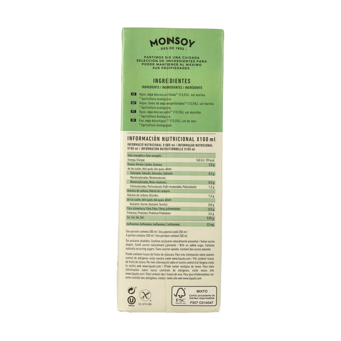 Monsoy Bebida de Soja Bio 1L (Pack de 6 unidades)