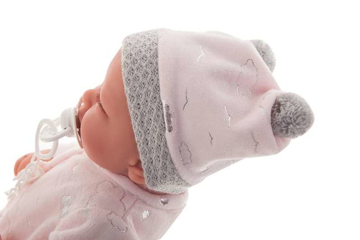 Antonio Juan Muñeca recién nacida Carla Nubes 40 cm, cuerpo blando de tela, con gorro y pijama, extremidades rotatorias