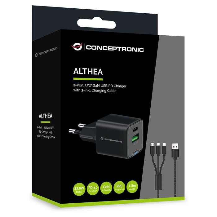 Conceptronic ALTHEA16B Cargador GaN de 33W con 2 puertos y cable 3-en-1 Conceptronic ALTHEA16B Cargador GaN de 33W con 2 puertos y cable 3-en-1
