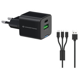 Conceptronic ALTHEA16B Cargador GaN de 33W con 2 Puertos y Cable 3 en 1