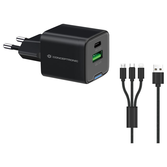Conceptronic ALTHEA16B Cargador GaN de 33W con 2 puertos y cable 3-en-1 Conceptronic ALTHEA16B Cargador GaN de 33W con 2 puertos y cable 3-en-1