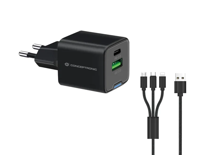 Conceptronic cargador 2port 33w,1xusb-c,1xusb-a +3-in-1 sw