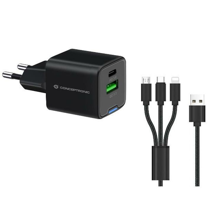 Conceptronic ALTHEA16B Cargador GaN de 33W con 2 puertos y cable 3-en-1 Conceptronic ALTHEA16B Cargador GaN de 33W con 2 puertos y cable 3-en-1