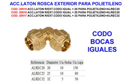 Codo igual de latón con rosca externa 32 para polietileno ALREC32