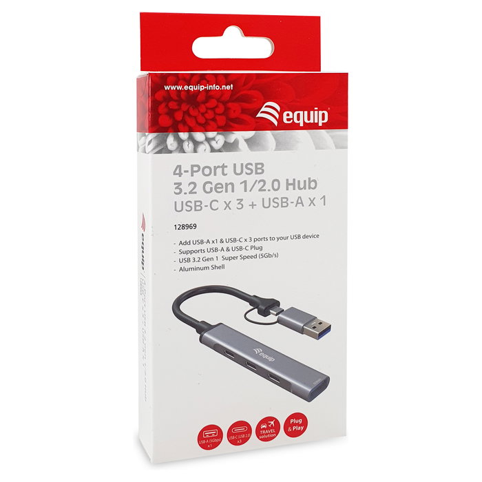 Equip Hub USB-C 128969 1x USB-A 3x USB-C con adaptador USB-C a USB-A incluido Equip Hub USB-C 128969 1x USB-A 3x USB-C con adaptador USB-C a USB-A incluido