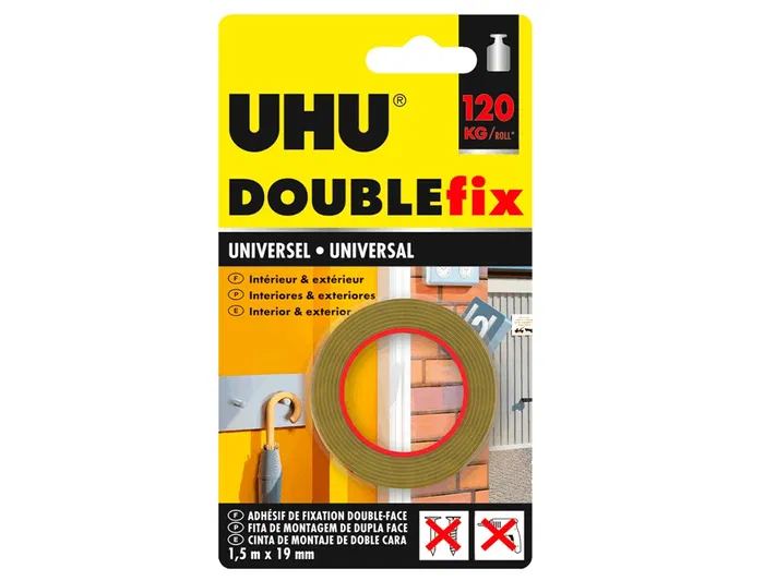 Uhu Cinta adhesiva doble cara Doublefix marrón extra fuerte para montaje permanente, 1,5 m x 19 mm