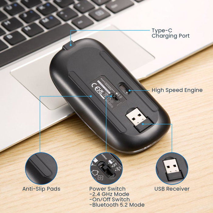 Ewent Ratón Inalámbrico Recargable Dual Bluetooth/WiFi RGB
