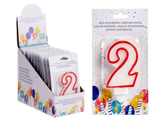 Arte Regal Vela Cumpleaños Número 2 Blanca con Borde Rojo 4x8x1 cm (Set de 72)