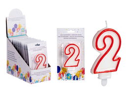 Arte Regal Vela Cumpleaños Número 2 Blanca con Borde Rojo 4x8x1 cm (Set de 72)