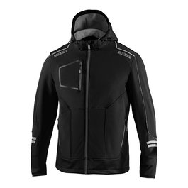 Sparco York Chaqueta Técnica Soft-Shell, Refuerzos en Zonas de Tensión, Elementos Reflectantes, Capucha Desmontable, Multibolsillos - Negro/Gris - Talla T5 XXL