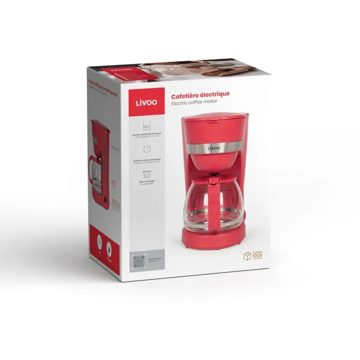 Livoo Cafetera Eléctrica DOD200RC 750W, 1.25L (10-12 tazas), Color Rojo Chile