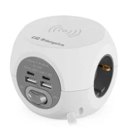 Orbegozo Regleta con Carga Inalámbrica, 3 Tomas de Corriente + 2 USB + 2 USB-C, Cable 1.5m, Color Blanco y Gris