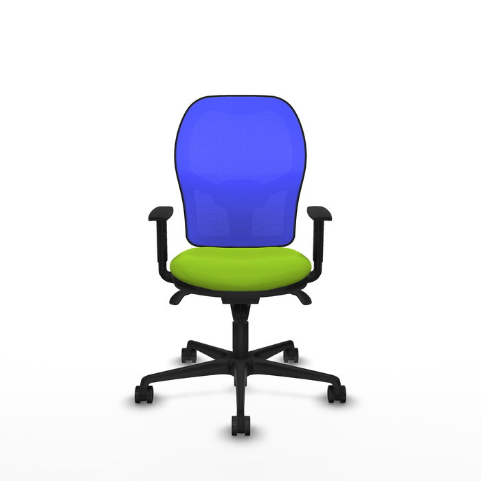 Silla de oficina Jorquera con mecanismo Sincro tapizada con Similpiel color Pistacho y malla color Azul. Equipada con lumbar 1D, Brazos 1D y Ruedas 65mm nailon