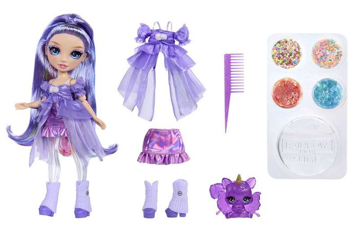 MGA Muñeca Rainbow High Violet 22 cm Morada con Slime Transparente y Brillo