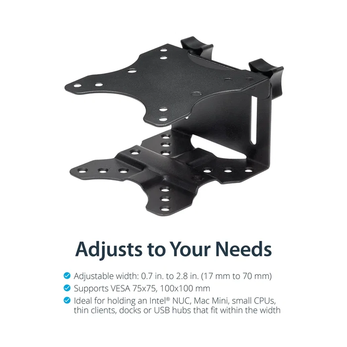 StarTech.com Soporte de Montaje VESA Ajustable para Thin Clients, Docking Station, NUC, Mac Mini, CPU Pequeña - Soporte para Monitor y Escritorio - Negro - ACCSMNT