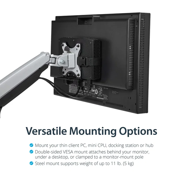 StarTech.com Soporte de Montaje VESA Ajustable para Thin Clients, Docking Station, NUC, Mac Mini, CPU Pequeña - Soporte para Monitor y Escritorio - Negro - ACCSMNT