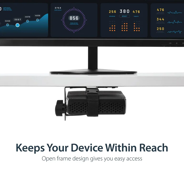 StarTech.com Soporte de Montaje VESA Ajustable para Thin Clients, Docking Station, NUC, Mac Mini, CPU Pequeña - Soporte para Monitor y Escritorio - Negro - ACCSMNT
