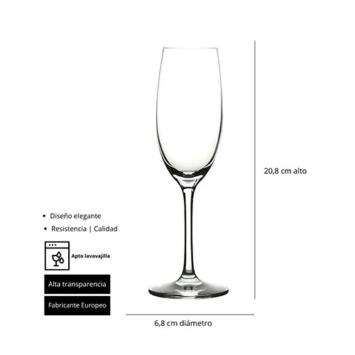 Summa Duna Copa Champagne, Capacidad 21 cl, Altura 221 mm, Diámetro 70 mm, Cristalino con Borde Fino (Set de 6) Summa Duna Copa Champagne, Capacidad 21 cl, Altura 221 mm, Diámetro 70 mm, Cristalino con Borde Fino (Set de 6)