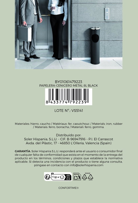 Confortime Papelera-Cenicero de Metal 8L Negro