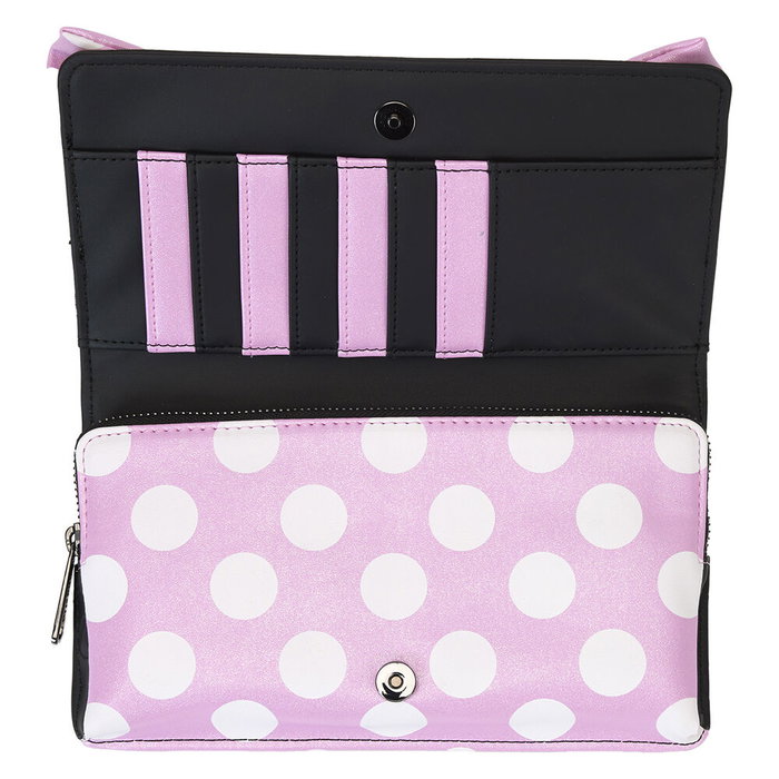 Loungefly Bolso Bandolera Minnie Disney Rock the Dots Piel Vegana 22,86x1,27x19,69cm con Correa Ajustable y Lazo 3D