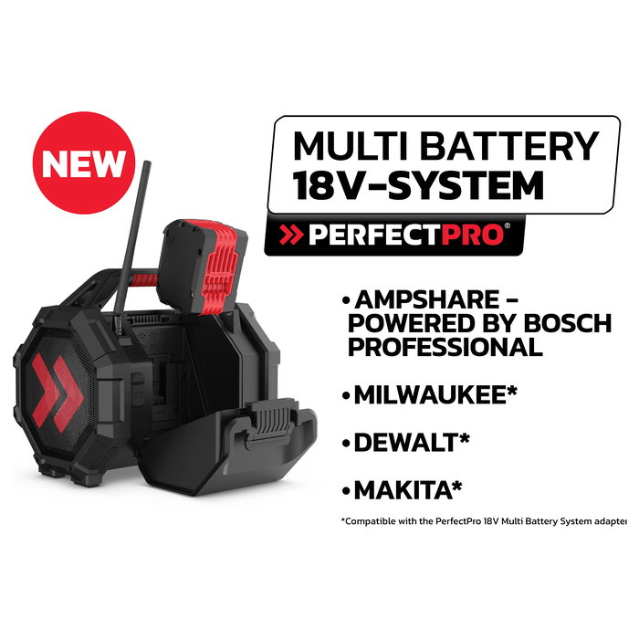 PerfectPro ROCKTAGON Radio de obra digital 30W DAB+ FM Bluetooth 5.2 IP65, 4 altavoces, compatible baterías 18V Bosch Makita DeWalt Milwaukee, USB, Negro/Rojo