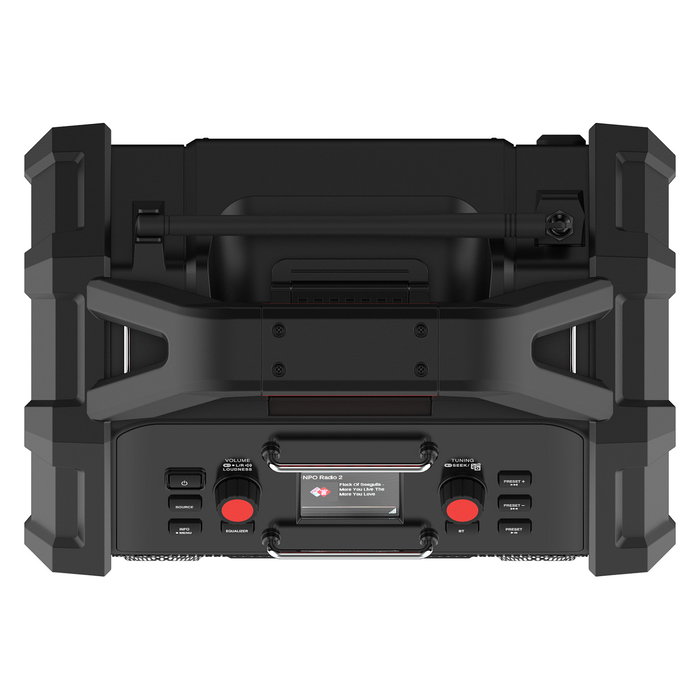 PerfectPro ROCKTAGON Radio de obra digital 30W DAB+ FM Bluetooth 5.2 IP65, 4 altavoces, compatible baterías 18V Bosch Makita DeWalt Milwaukee, USB, Negro/Rojo